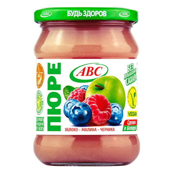 стеклянная банка, стеклобанка с зелёной крышкой АВС Будь здоров, пюре яблоко, малина, черника. пюре АВС фруктовый микс из яблок, малины и чер­ни­ки, без добавления сахара и консервантов, 450 г. сделано в Беларуси. Сертификат Веган.